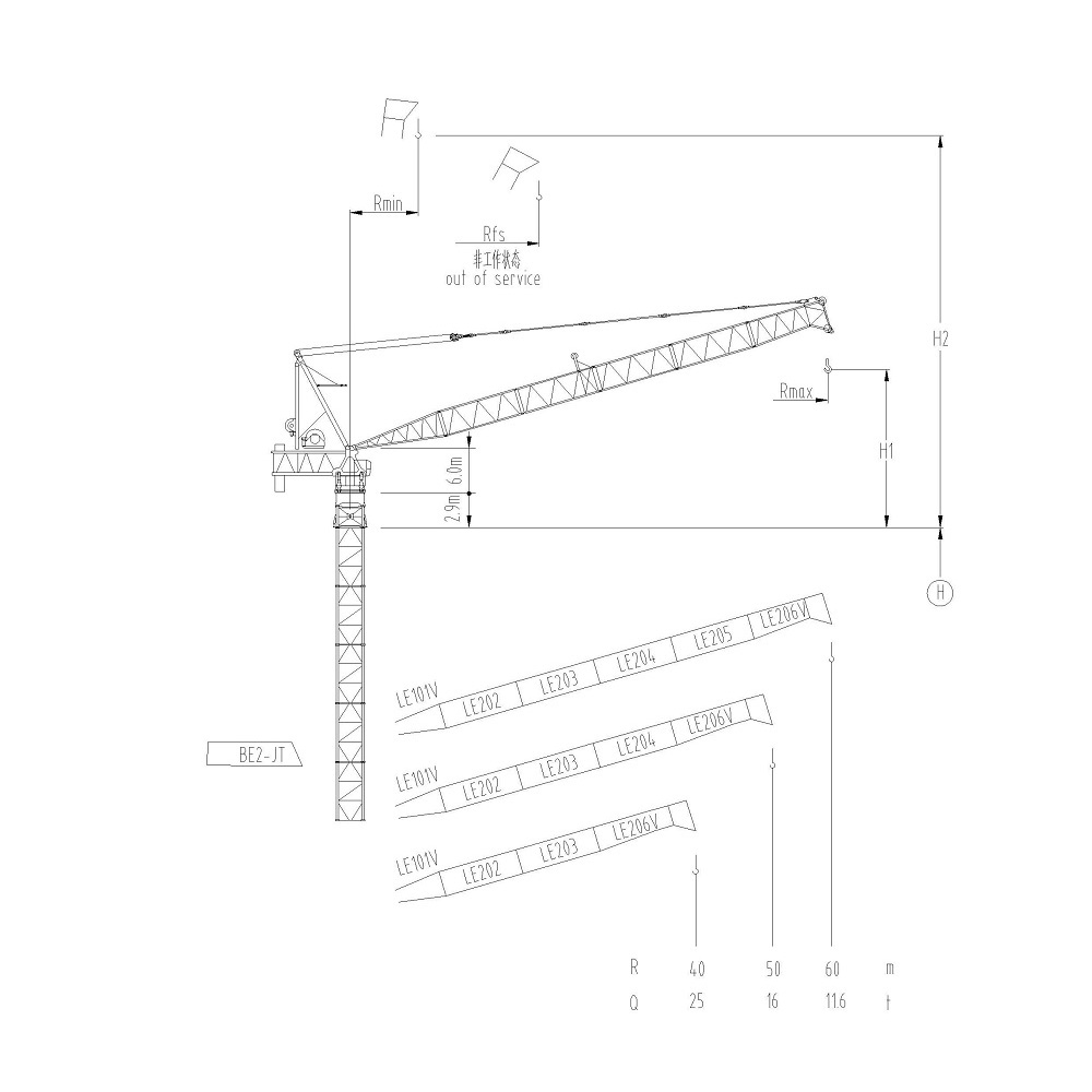 Luffing Jib Tower Crane with extended arm and hook